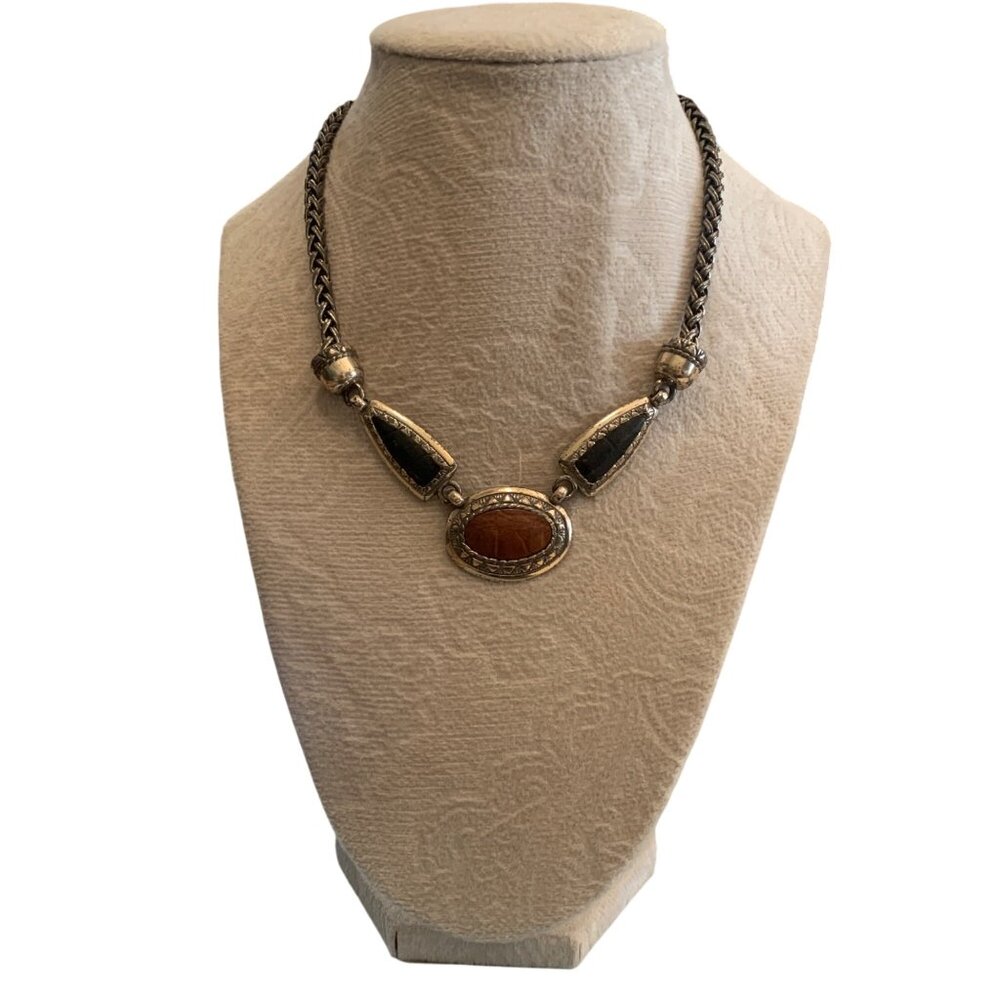 Brighton Necklace Croc Inlay Brown & Black 16" Chain Oval Pendant Silver-Tone‎